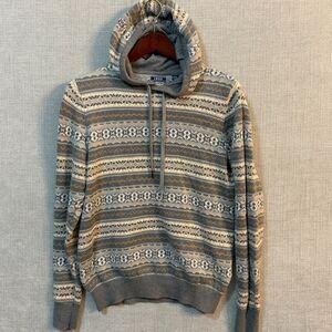 Izod Fair Isle Hooded Pullover Sweater Men's Medium Gray, Cream, Light Blue